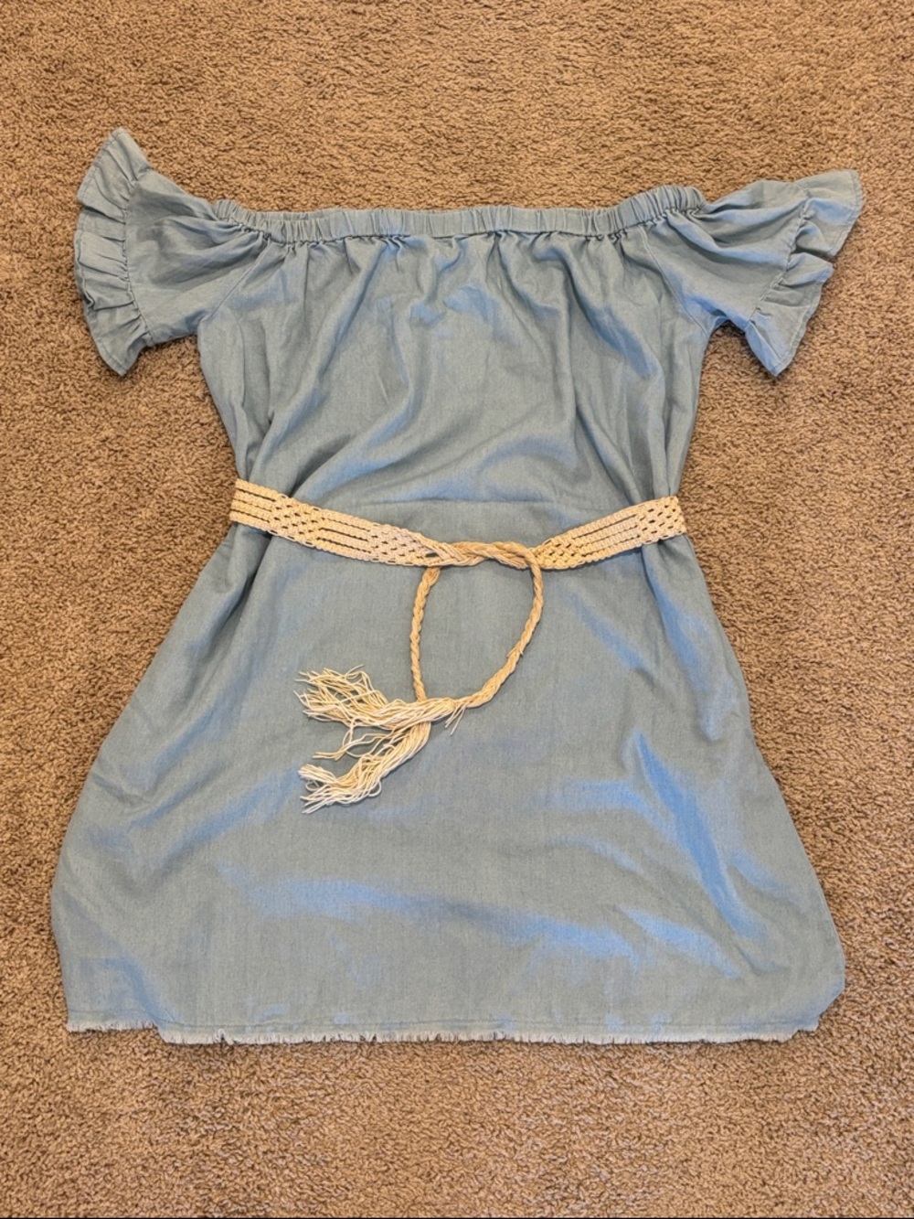 Hem & Thread Off Shoulder Chambray Denim Dress Belt S